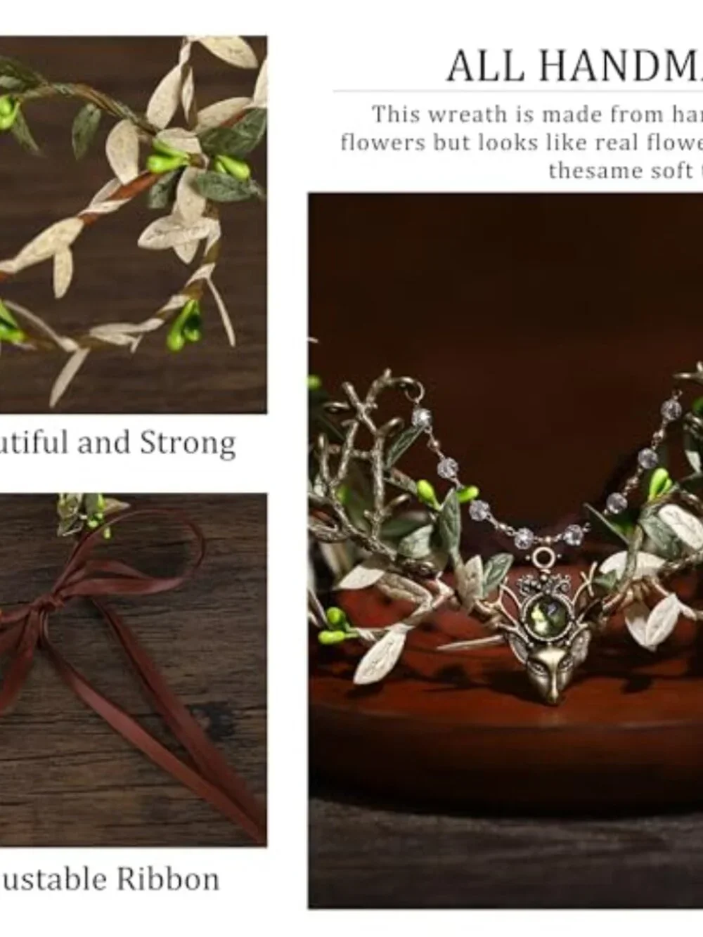 Handmade Forest Leaf Crown Elf Woodland Headpiece with Rhinestone Tassel for